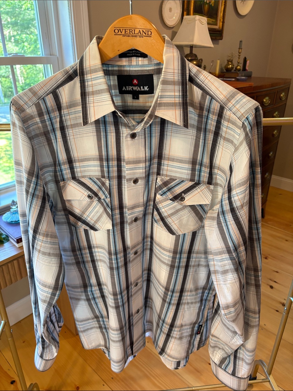 Airwalk Men's Plaid Button-Down Shirt in White, Gray & Blue